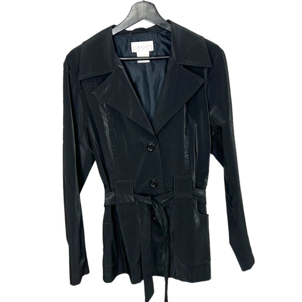 Vintage 90s Charlotte Russe Black Polyvinyl Belted Button Up Coat Large